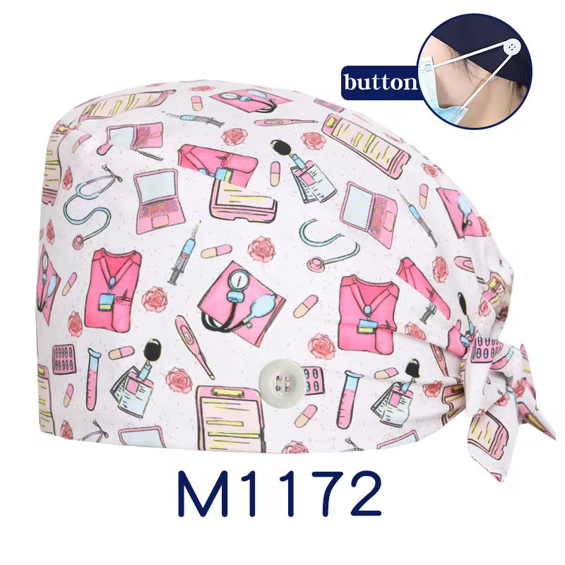 [3-Pack] Premium Button Scrub Caps Set | Anti-Ear Pain Medical & Dental Caps with Inner Sweatband